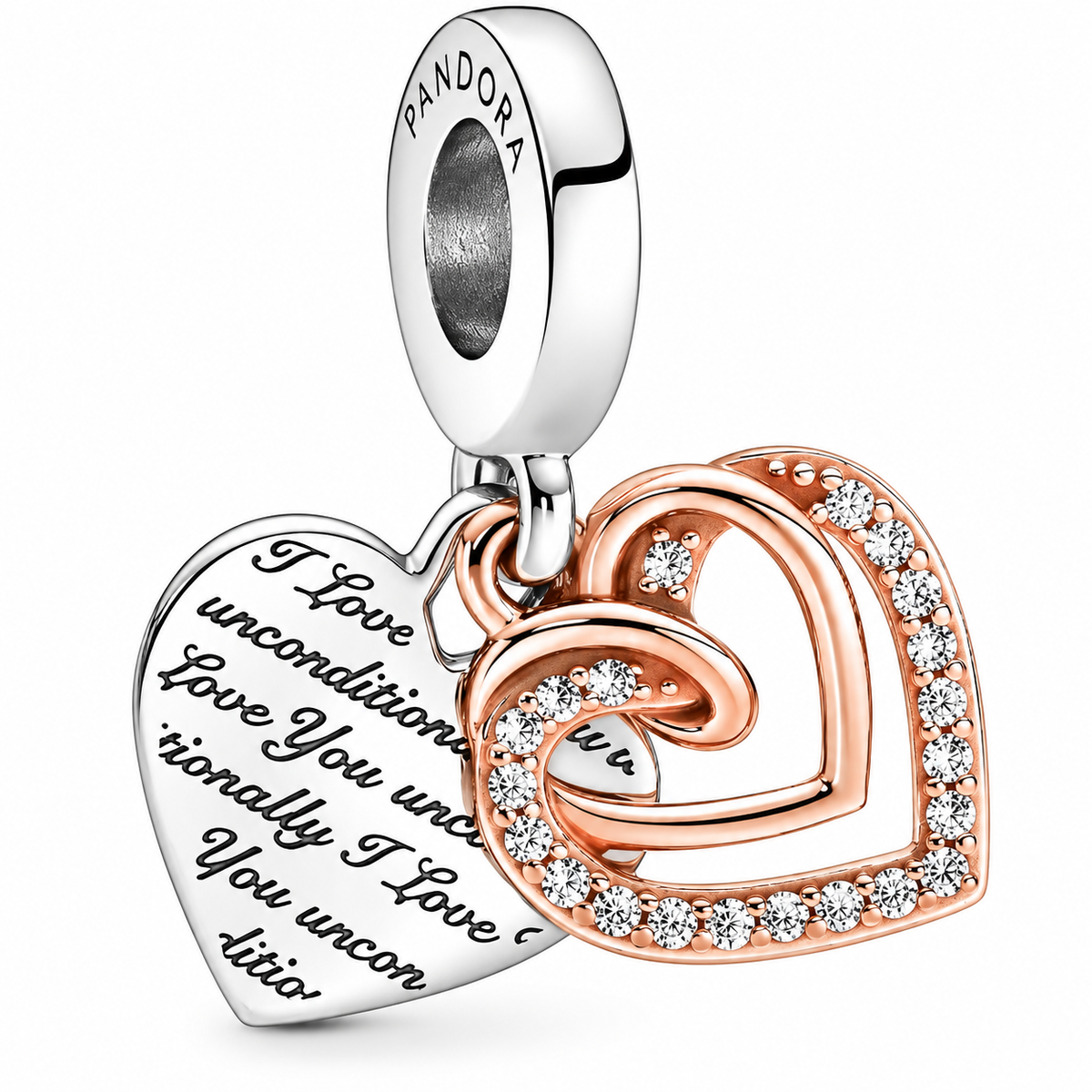 Two-tone Infinity Heart Double Dangle Charm Sterling Silver, 14k Rose Gold Plating
