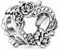 Open Heart & Rose Flowers Charm Sterling Silver S925