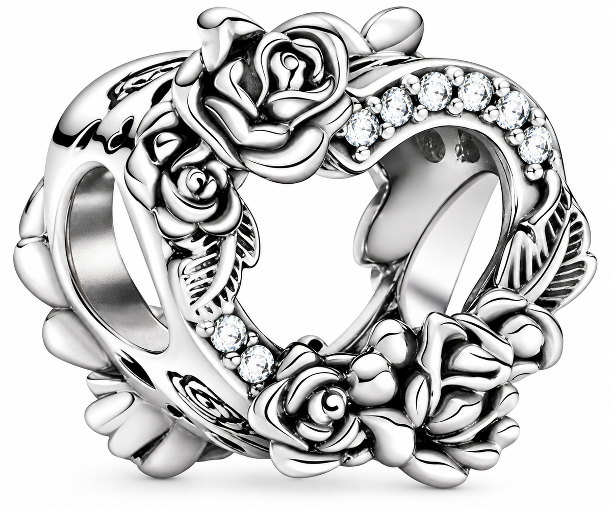 Open Heart & Rose Flowers Charm Sterling Silver S925