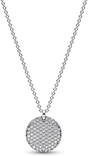 Sterling Silver Sparkling Round Disc Pendant Necklace with Pavé Crystal Accents