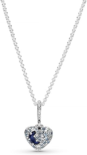 Sparkling Blue Moon & Stars Heart Necklace Sterling Silver
