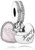 Sterling Silver “Always There” Double Heart Dangle Charm with Pink Enamel and Sparkling Crystal Accents