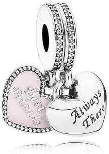 Sterling Silver “Always There” Double Heart Dangle Charm with Pink Enamel and Sparkling Crystal Accents
