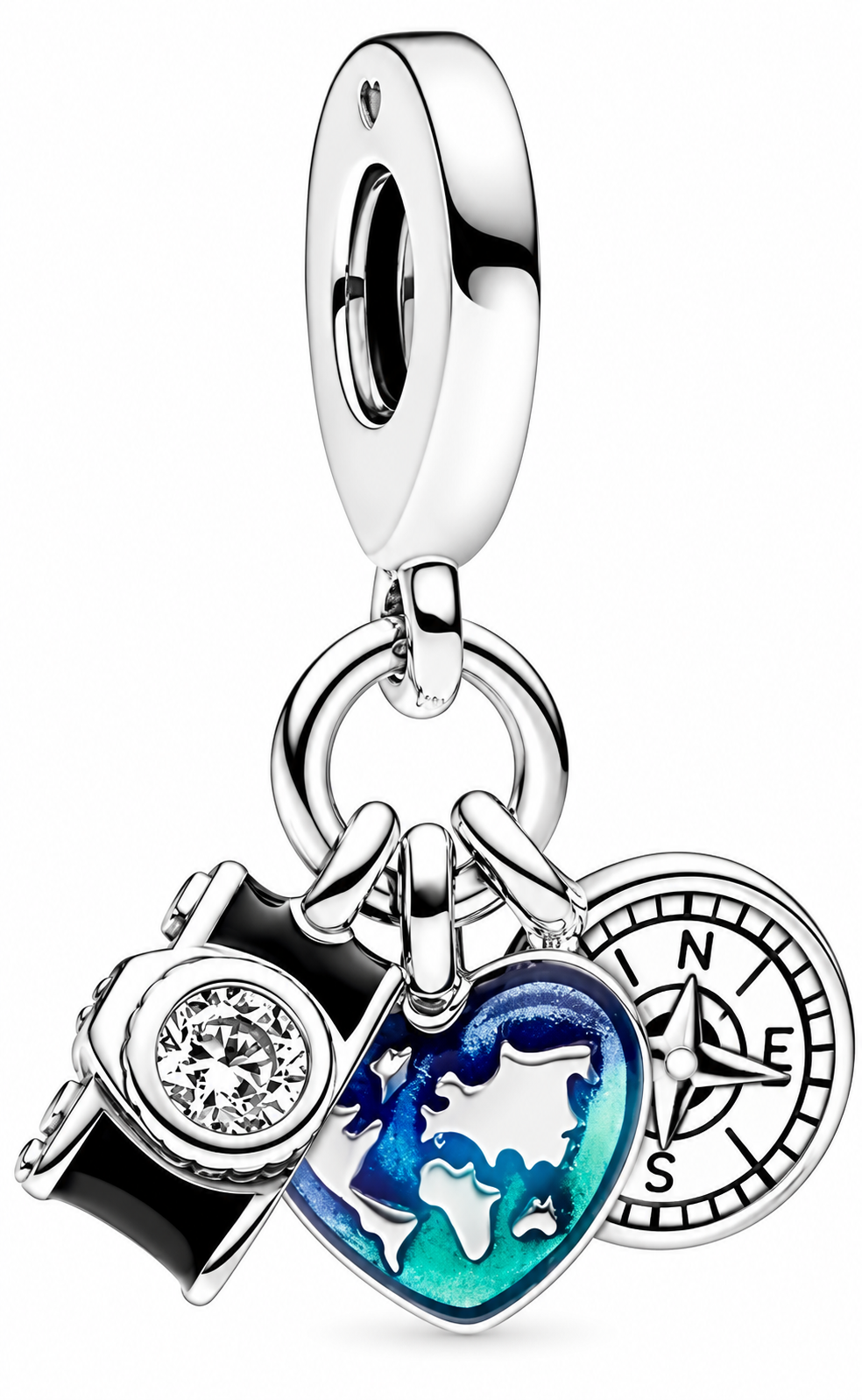 Travel Adventure Camera Globe & Compass Silver Dangle Charm