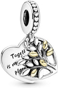 Two-Tone Family Tree Heart Dangle Charm 14k Gold Sterling Silver