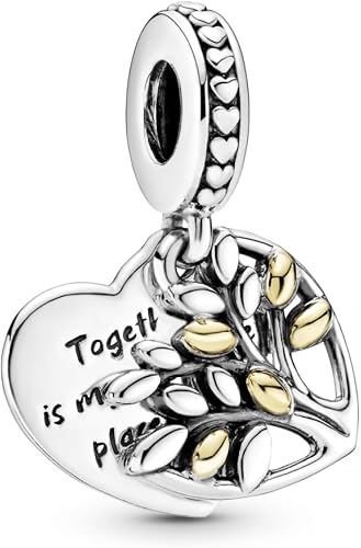 Two-Tone Family Tree Heart Dangle Charm 14k Gold Sterling Silver