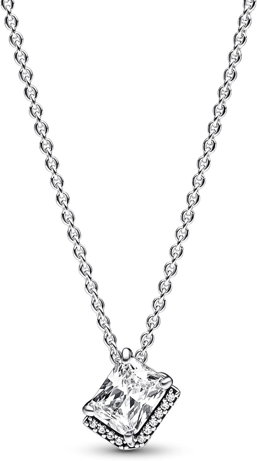 Sparkling Princess-Cut Square Crystal Pendant Necklace with Pavé Halo Accents