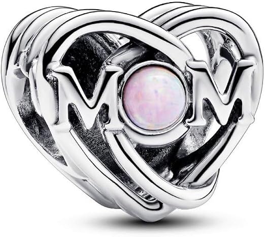 MOM Heart Charm with Iridescent Pink Opal-Look Centre and Intertwined Heart Design