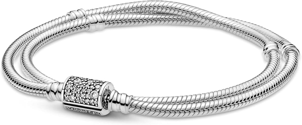 Double Wrap Barrel Clasp Bracelet Sterling Silver Double Snake Chain Bracelet with Barrel Clasp