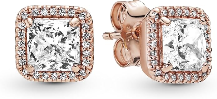 Square Crystal Stud Earrings Rose Gold Sparkling Princess-Cut Halo