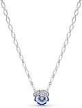 Sterling Silver Sparkling Blue Enamel Pansy Flower Pendant Necklace with Crystal-Accented Petals
