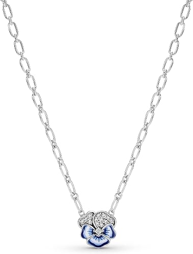 Sterling Silver Sparkling Blue Enamel Pansy Flower Pendant Necklace with Crystal-Accented Petals