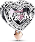 MOM Heart Charm with Pink Crystal & Rose Gold Dangle