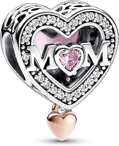 MOM Heart Charm with Pink Crystal & Rose Gold Dangle