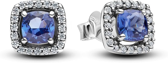 Sapphire Blue Cushion-Cut Crystal Halo Stud Earrings for Women