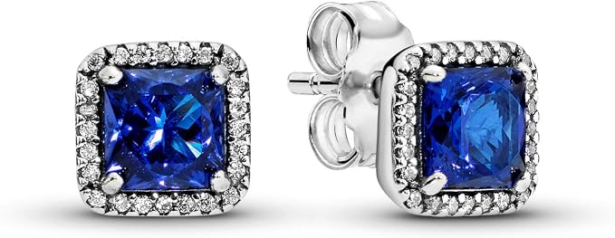 Sapphire Blue Square Crystal Halo Stud Earrings