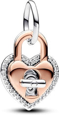 Heart Padlock and Keyhole Dangle Charm with Sparkling Crystal Accents