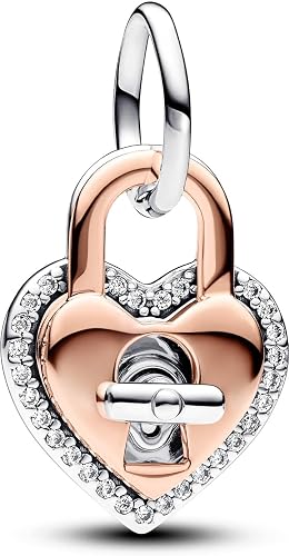 Heart Padlock and Keyhole Dangle Charm with Sparkling Crystal Accents