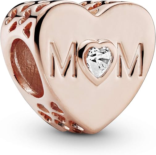 MOM Heart Charm with Sparkling Heart-Shaped Crystals
