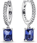Crystal Hoop Earrings with Sapphire Blue Rectangular Drop Pendants