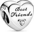 S925 Best Friends Heart Charm with Sparkling Heart-Shaped Crystal Accent