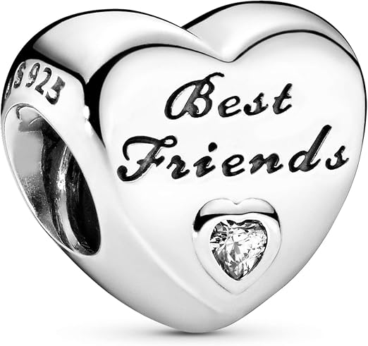 S925 Best Friends Heart Charm with Sparkling Heart-Shaped Crystal Accent