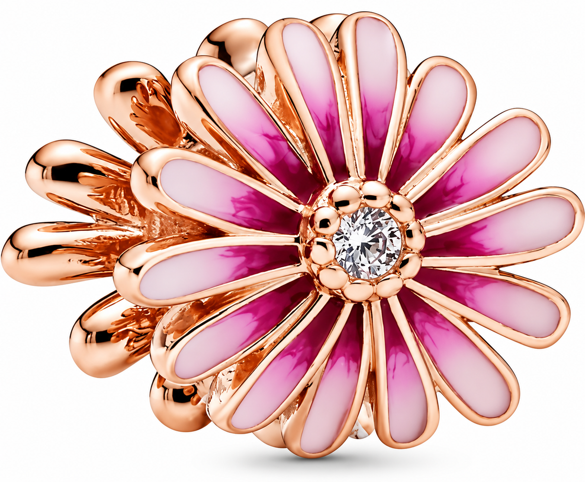 Rose Gold Pink Daisy Flower Charm with Sparkling Crystal Centre