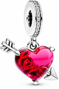 Red Heart & Arrow Murano Glass Dangle Charm Sterling silver