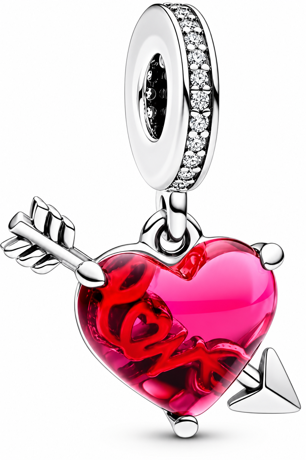 Red Heart & Arrow Murano Glass Dangle Charm Sterling silver