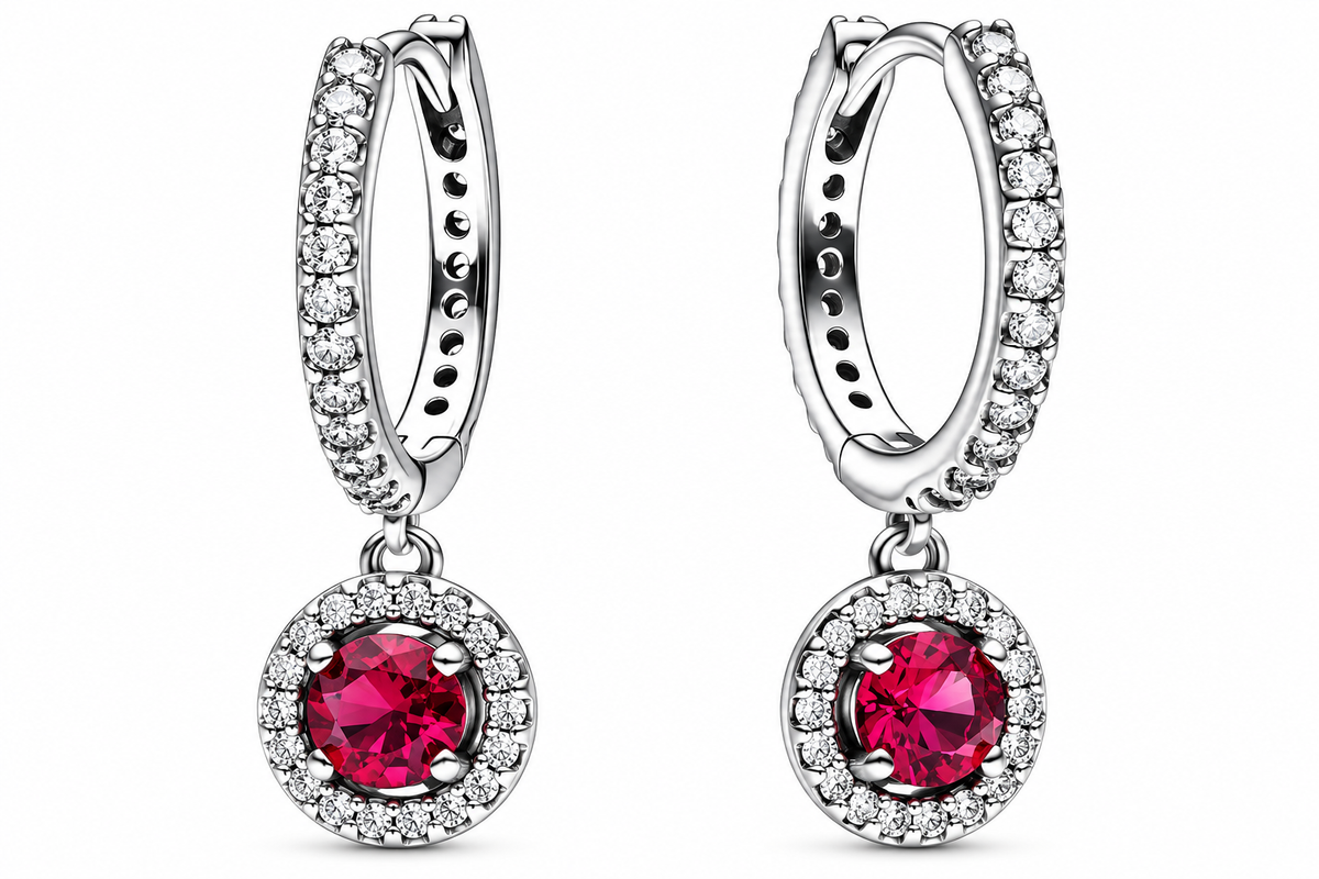 Red Round Sparkling Hoop Earrings Sterling silver