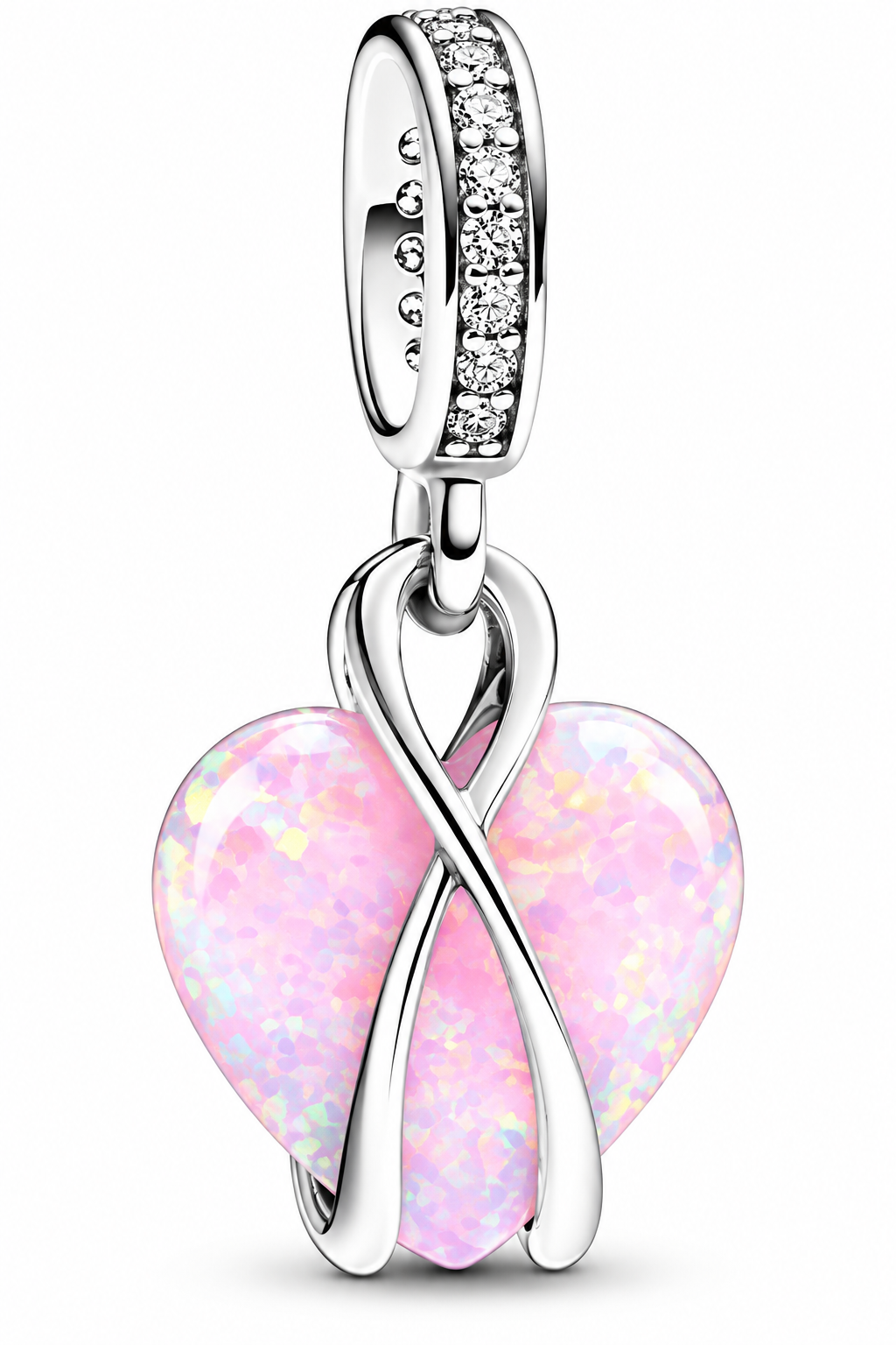 Pink Mum Opalescent Heart Dangle Charm Sterling silver