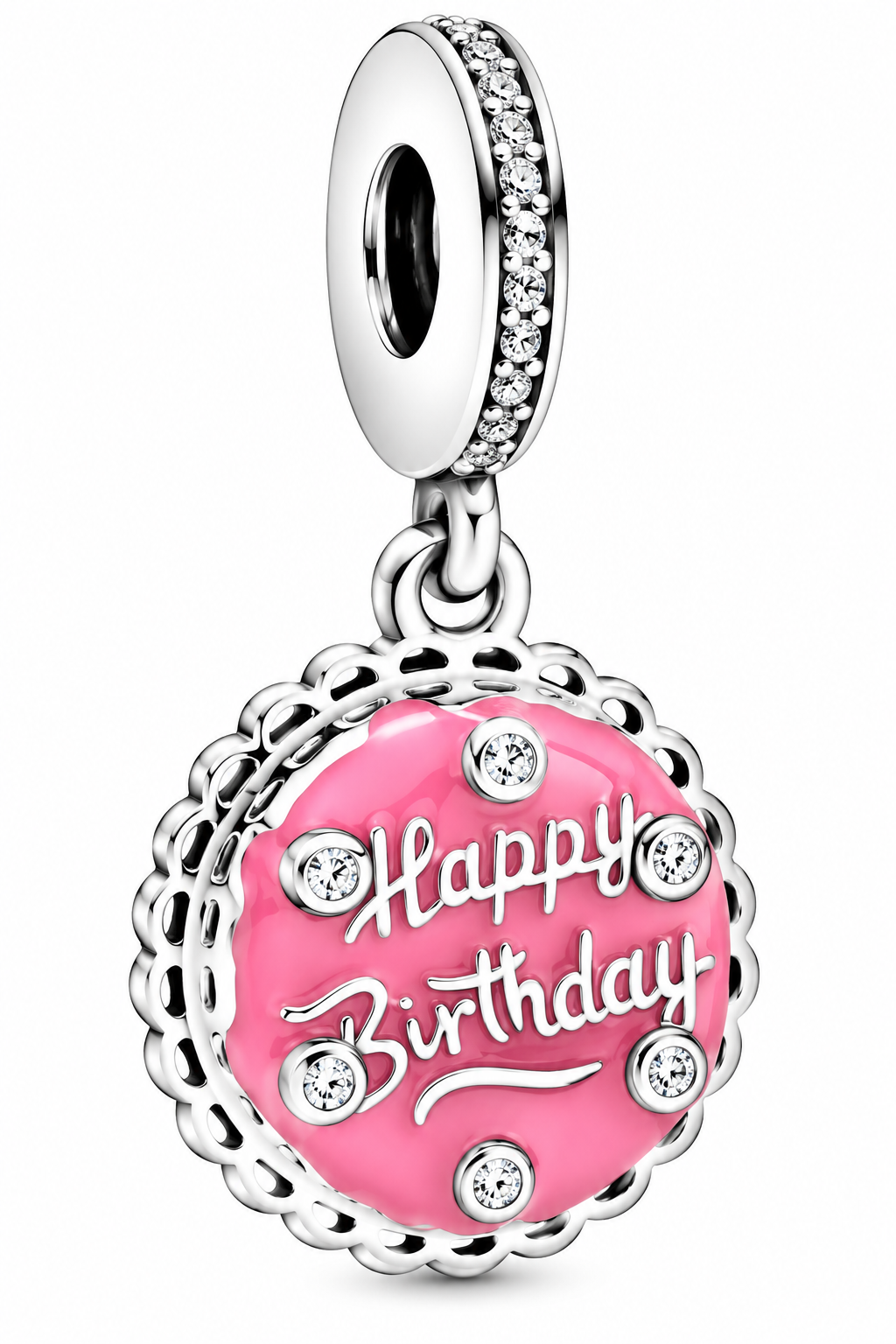 Pink Happy Birthday Dangle Charm – Silver Heart & Crystal Bracelet Bead Gift for Her