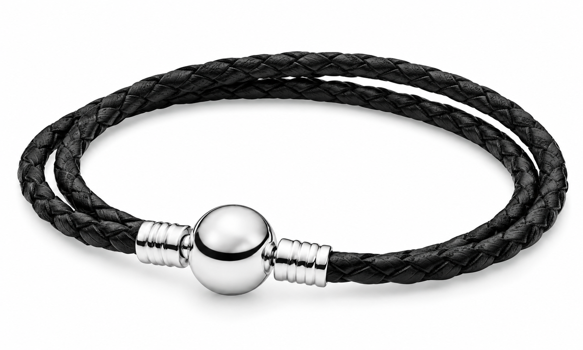 S925 Double Black Leather Bracelet Sterling silver 18 CM