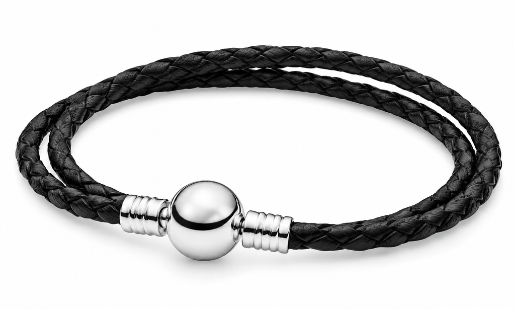 S925 Double Black Leather Bracelet Sterling silver 20 CM