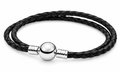 S925 Double Black Leather Bracelet Sterling silver 20 CM