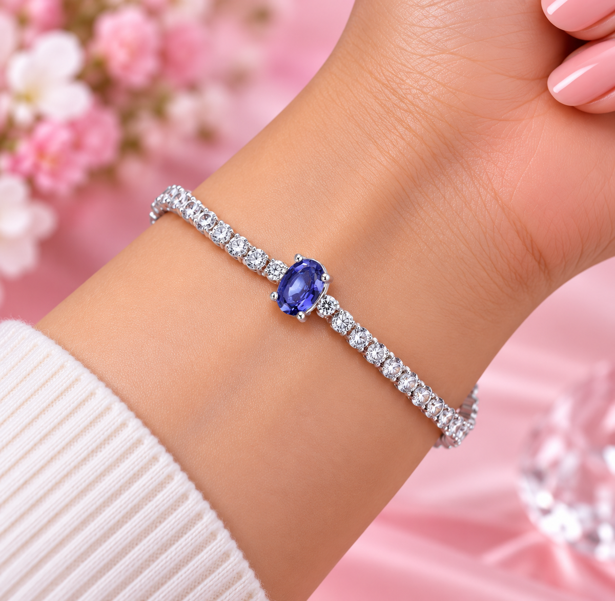 Sterling Silver Crystal Tennis Bracelet with Blue Sapphire Centrepiece