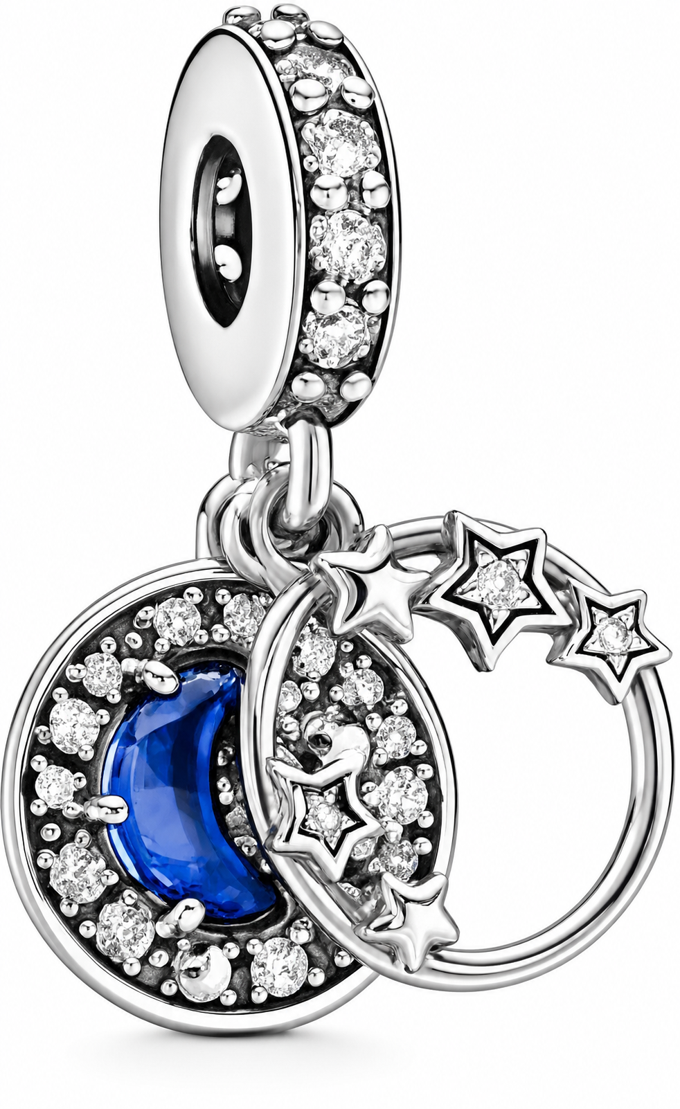 Blue Night Sky Crescent Moon & Stars Dangle Charm Sterling Silver
