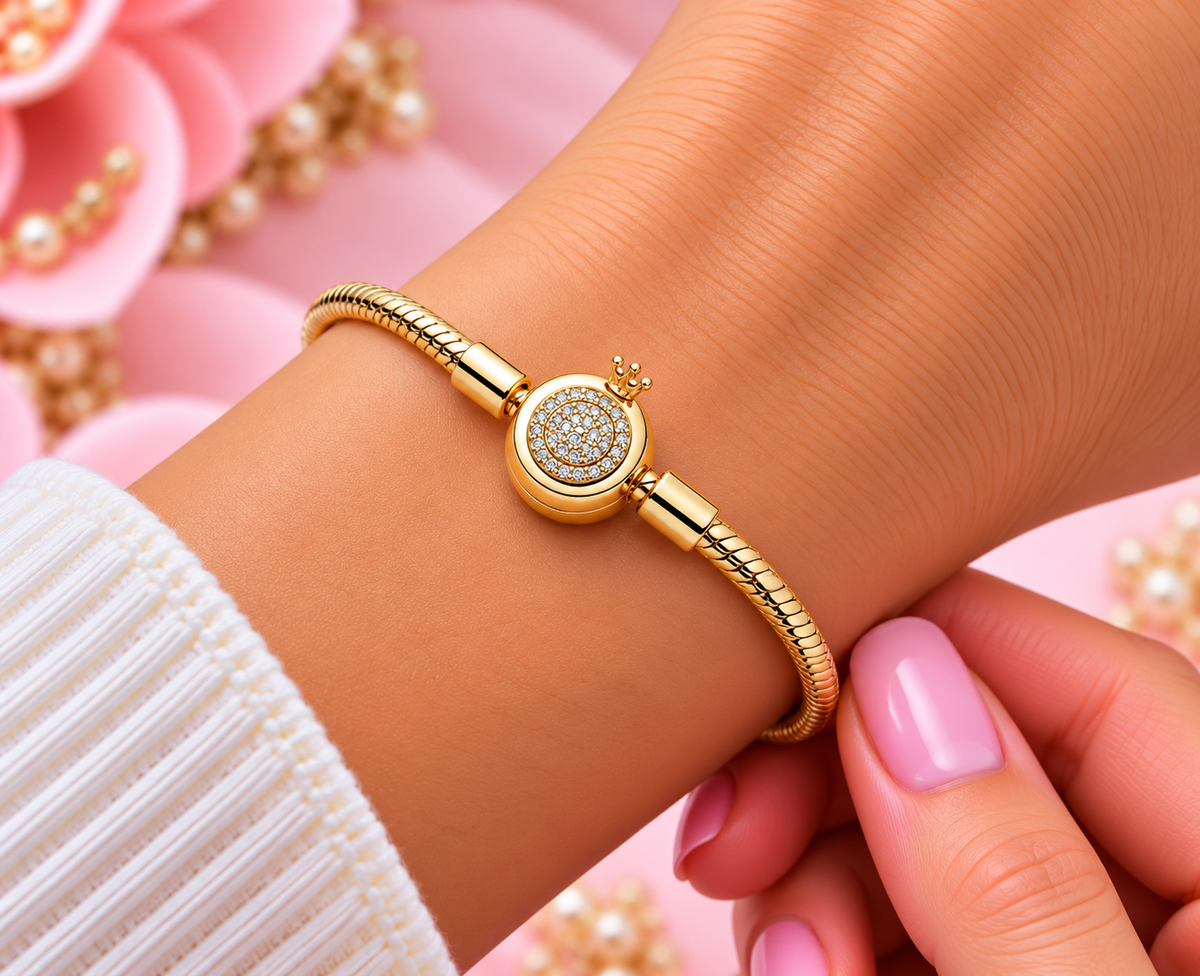 Elegant Gold-Tone Crystal Crown Clasp Charm Bracelet