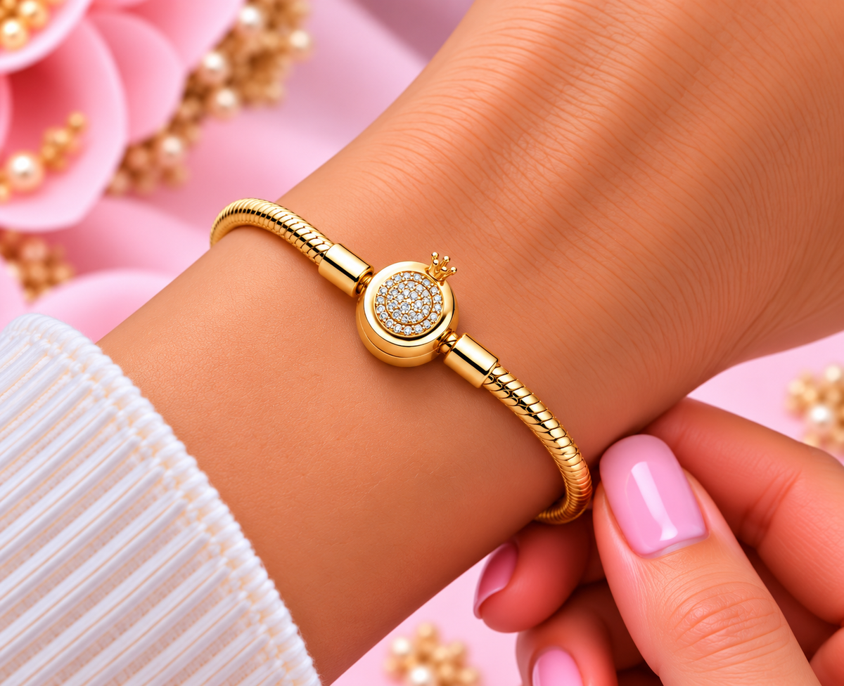 S925 Moments Sparkling Crown O Snake Chain Bracelet 14k gold plating