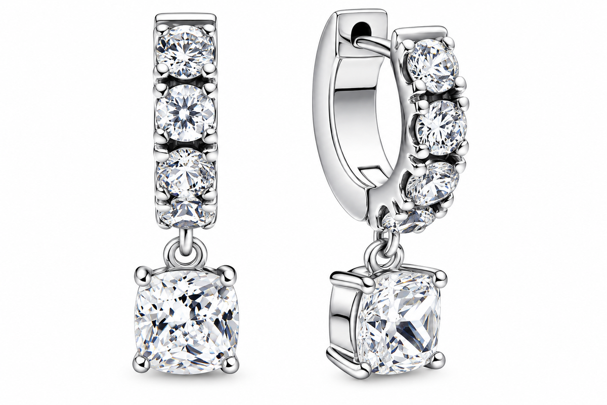 Sparkling Crystal Huggie Hoop Earrings with Cushion-Cut Clear Stone