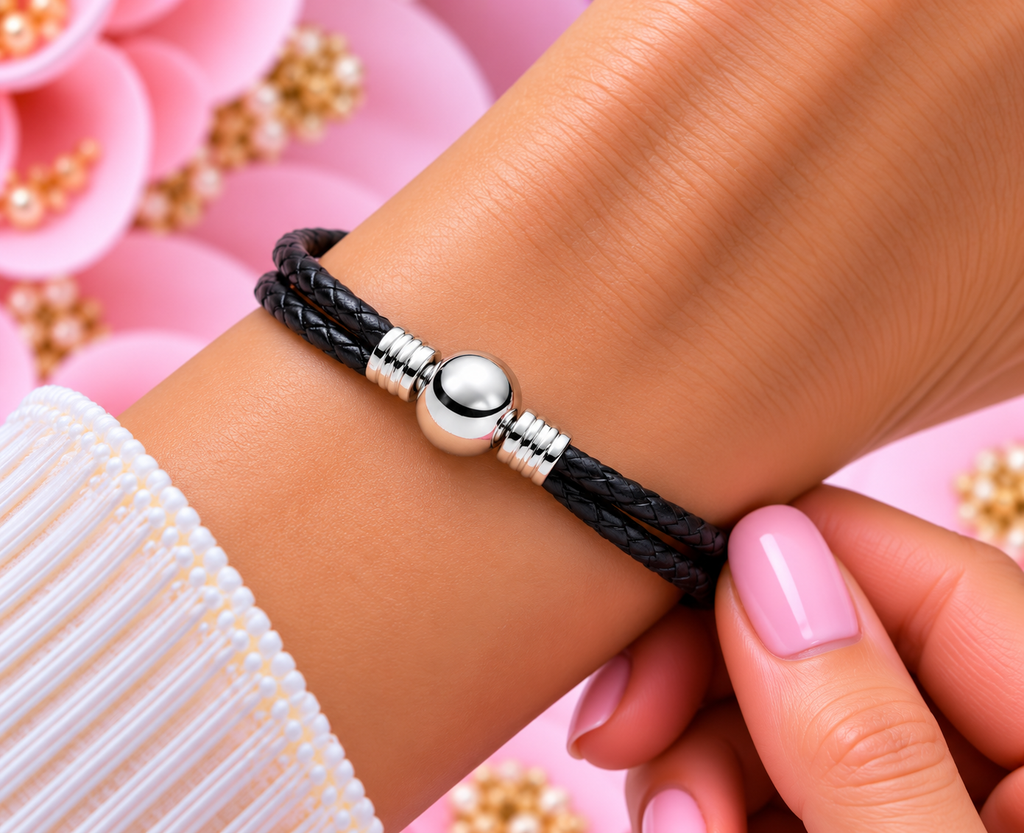 S925 Double Black Leather Bracelet Sterling silver 20 CM