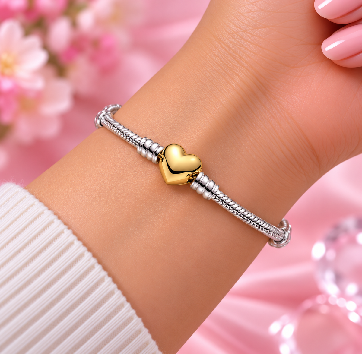 Sterling Silver Snake Chain Bracelet with Gold Heart Clasp