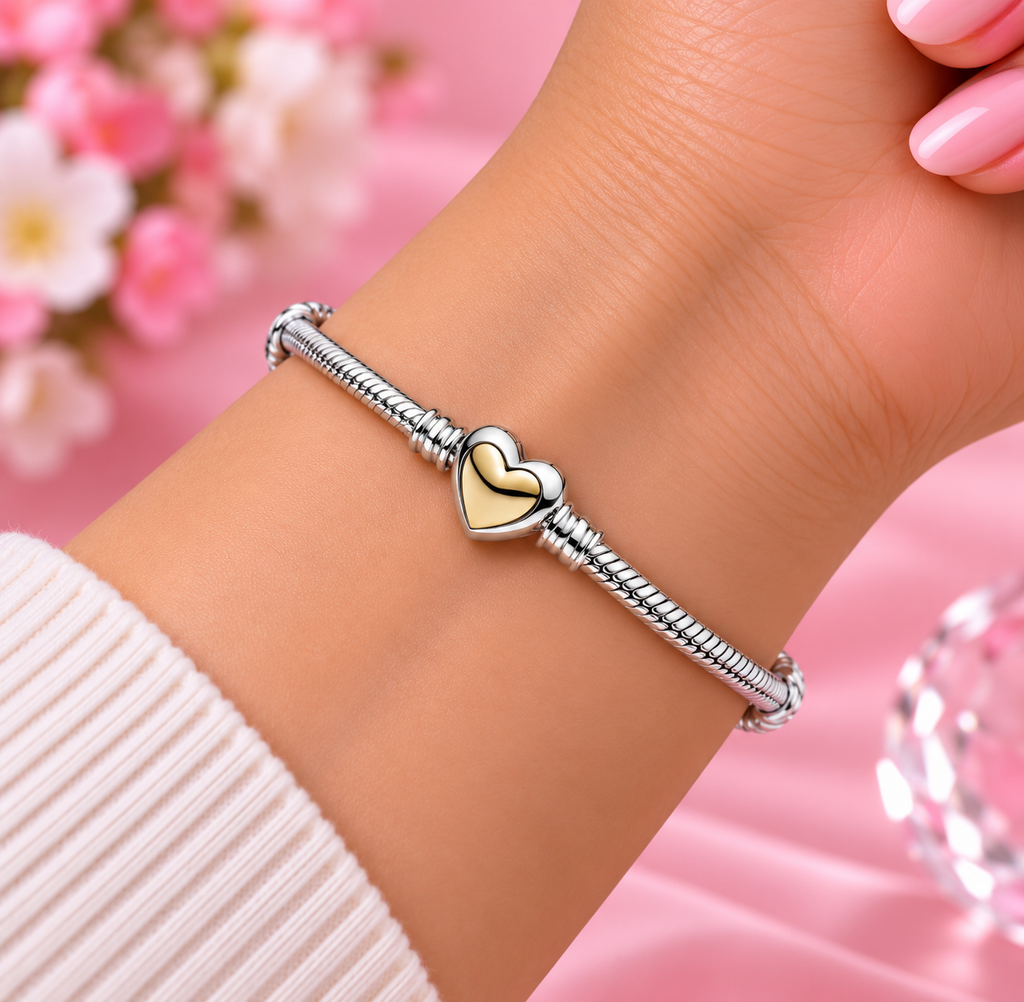 S925 Domed Golden Heart Clasp Snake Chain Bracelet 19CM