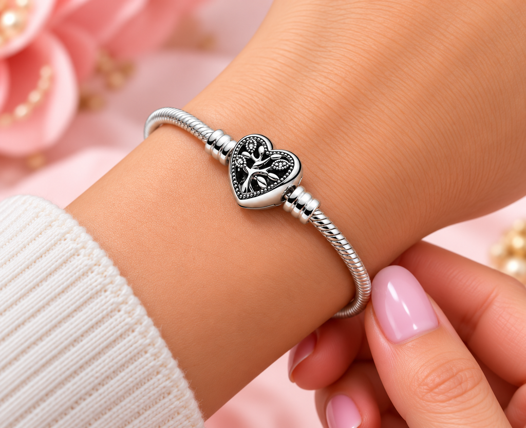 S925 Family Tree Heart Clasp Snake Chain Bracelet