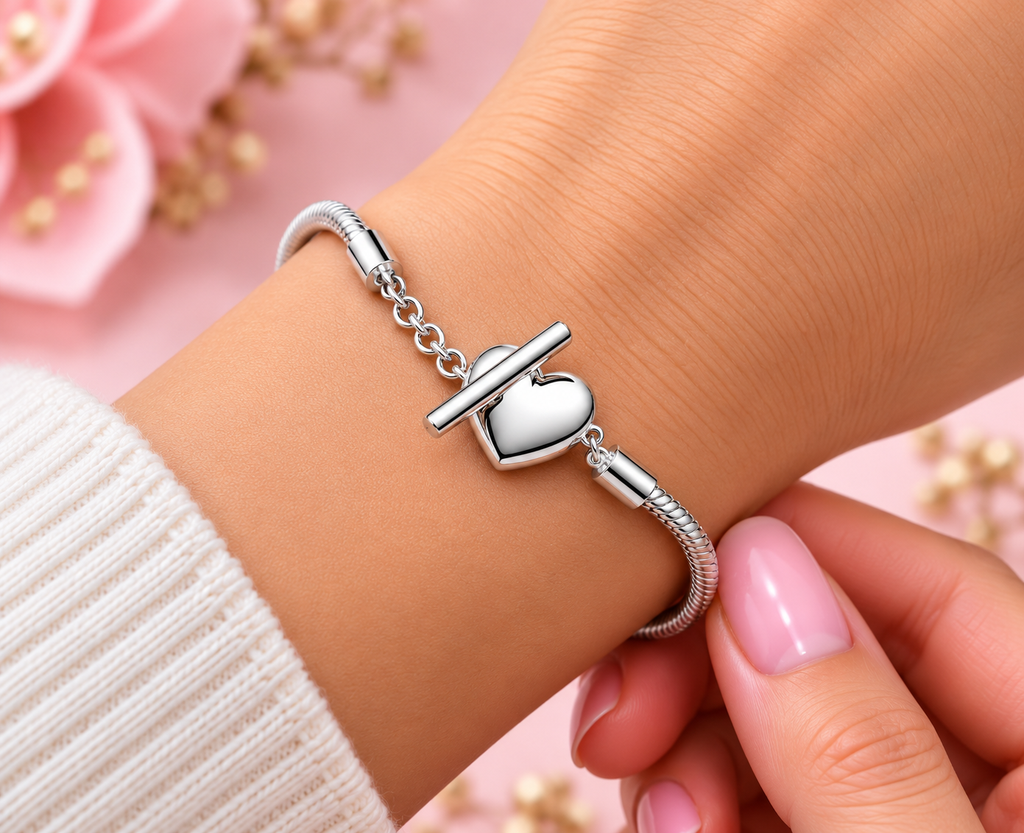 Heart T-Bar Snake Chain Bracelet Sterling silver