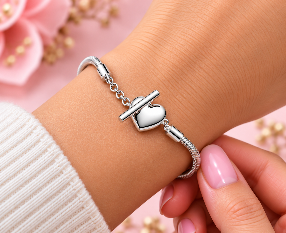 Heart T-Bar Snake Chain Bracelet Sterling silver