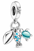 Ocean Sea Life Dangle Charm Blue Turtle Fish & Seashell