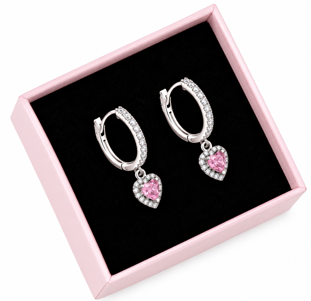 Silver Sparkling Pink Heart Hoop Earrings