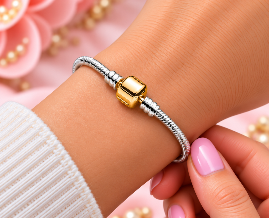 Sterling Silver Snake Chain Bracelet with Gold Barrel Clasp