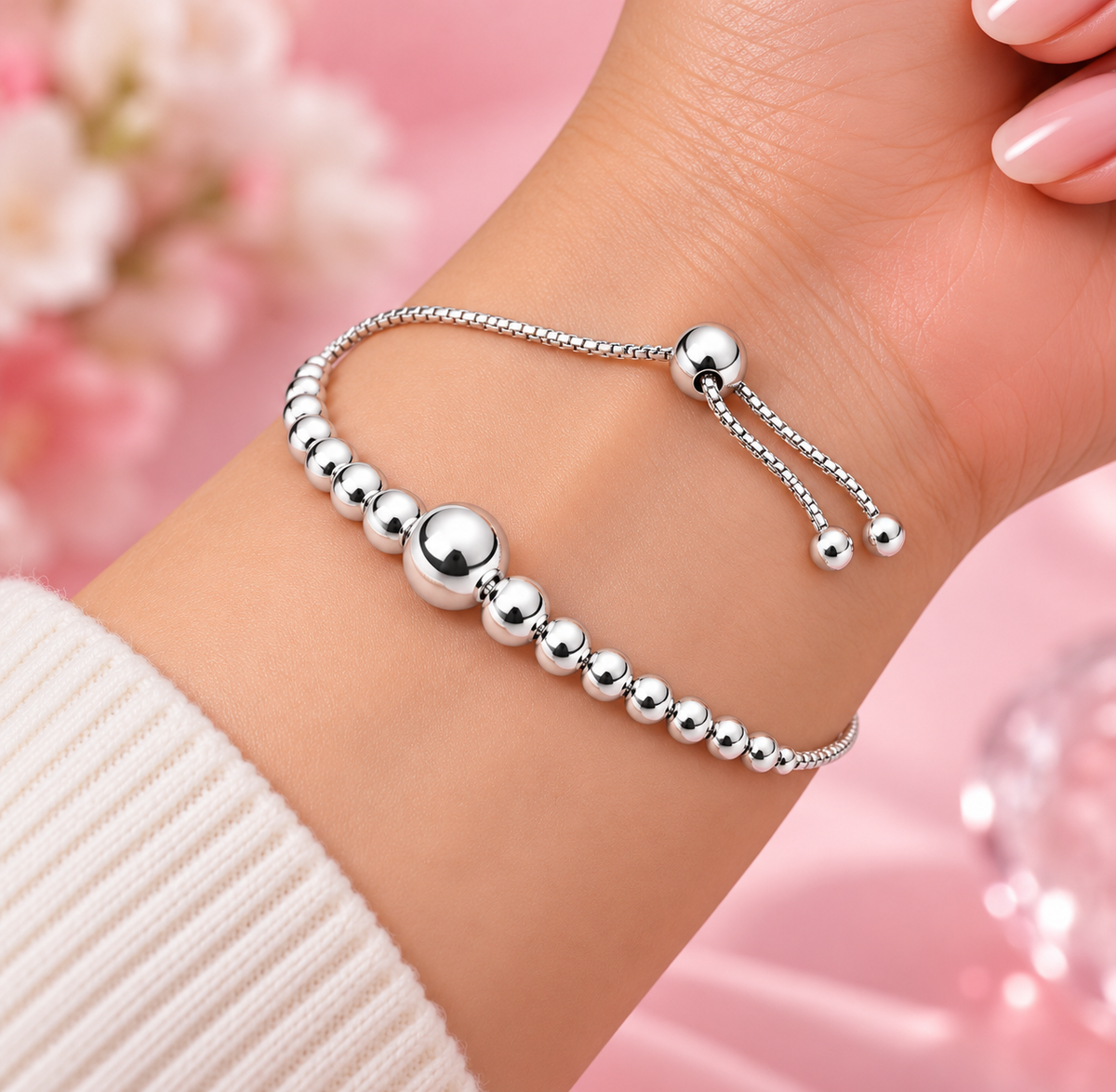 String of Beads Sliding Bracelet S925 Sterling Silver